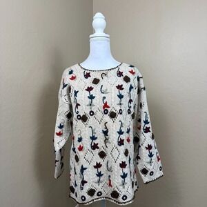 Vintage 90s Copper Key Sweater S Floral Embroidered Ramie Cotton Cottagecore